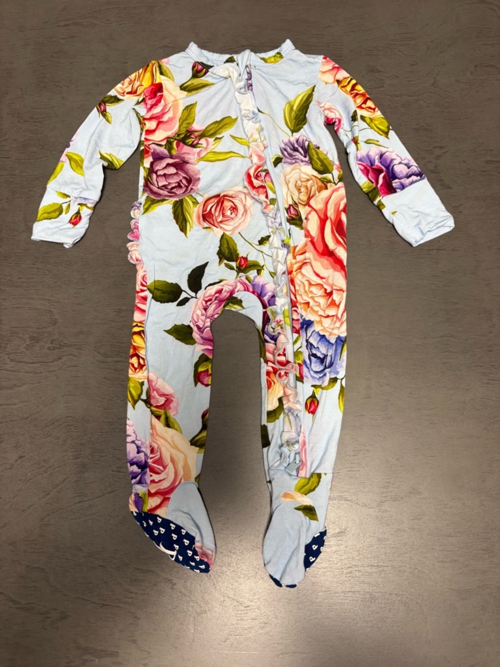 Posh Peanut Country Rose Ruffle Zippy Footie 3-6M Bamboo EUC